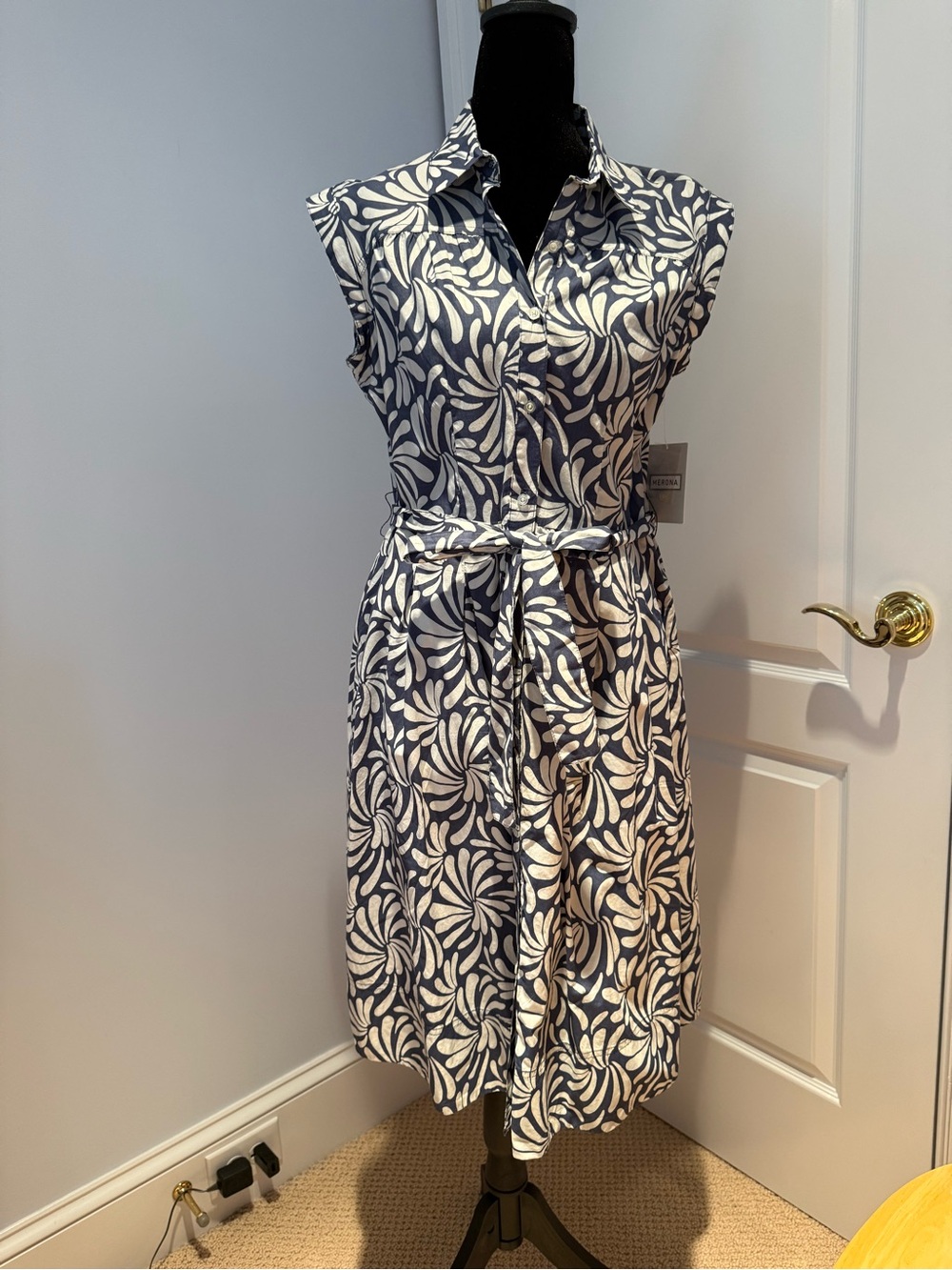 Sleeveless Navy and White Floral Shirt Dress with Tie Waist